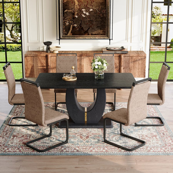 English Elm Table and Chair Set Seats 10 with Marble Mdf Top Brown Fabric Dining Chairs W1151S04444