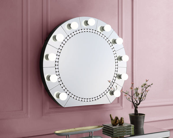 English Elm Farai Glam Mirrored Wall Décor Mirror with Faux Crystal Diamonds, Silver Hollywood Vanity Accent, 21"x21" B2726P244349