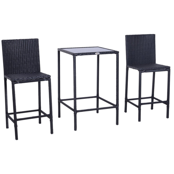 English Elm Outsunny 3-Piece Rattan Bar Set With Glass Top Table & 2 Stools For Stylish Outdoor Lounging W2225P217543-GIGA