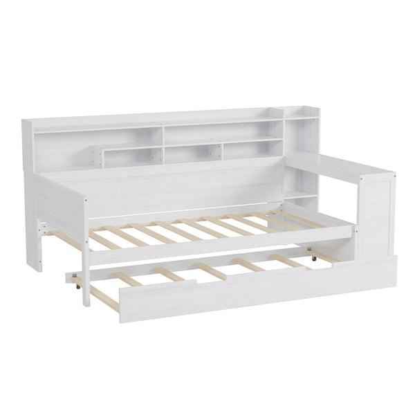 English Elm Wooden Twin Daybed with Trundle, Built-In Desk and Side Storage Shelves for Space-Saving Living Antique White 54.4 L x 18 W x 5.6 H N733S242275K