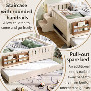 English Elm Twin Kids Platform Bed with Trundle Staircase Bookshelf and Rounded Safety Rails Beige W1580S00559