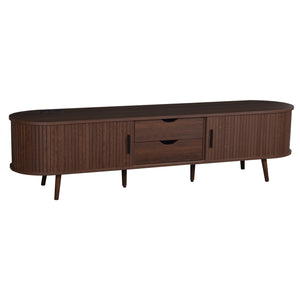 English Elm 70 Mid Century TV Stand with Rattan-Front Drawers, Tambour Doors, Built-In Outlets & Solid Wood Legs Dark Brown N710P339446P