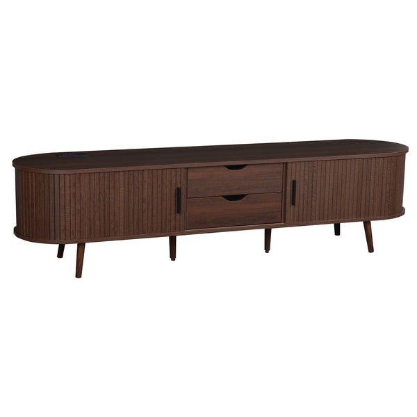 English Elm 70 Mid Century TV Stand with Rattan-Front Drawers, Tambour Doors, Built-In Outlets & Solid Wood Legs Dark Brown N710P339446P