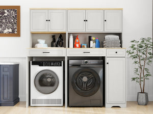 English Elm Over Washer Dryer Laundry Cabinet with Basket Drawer Adjustable Shelves Antique White W1120P338184