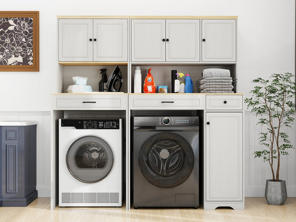 English Elm Over Washer Dryer Laundry Cabinet with Basket Drawer Adjustable Shelves Antique White W1120P338184