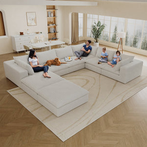 English Elm 157.6" Corduroy Modular Cloud Sofa Feather Fill Deep Lounge Seating for Living Room White W2824S00164