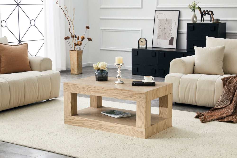 English Elm Modern Two Tier Rectangular Coffee Table with Open Shelf Mdf Living Room Storage W3875P389552