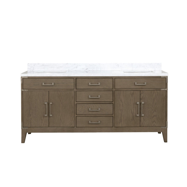 English Elm Grey Oak Double Bath Vanity 72" W With Carrara Marble Top, Ample Storage & Soft-Close Drawers B2731P259892