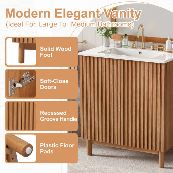 English Elm Modern 48 Inch Freestanding Bathroom Vanity Dual Ceramic Sinks Soft Close Gold Handles N729P000012O
