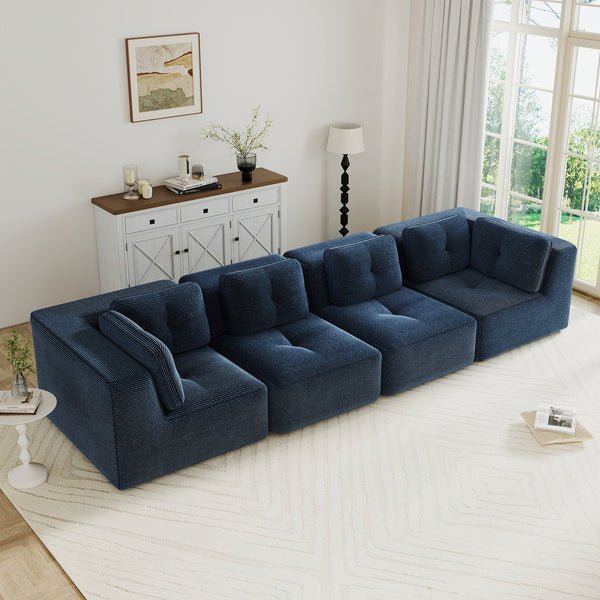 English Elm Modern Corduroy Sectional Sofa Tufted Four Seat Modular Design with Deep Cushions Blue W714S01804