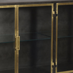 Brynlee Stylish Gunmetal and Antique Brass Sideboard with Glass Display and Built-in Shelf Storage