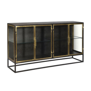 Brynlee Stylish Gunmetal and Antique Brass Sideboard with Glass Display and Built-in Shelf Storage