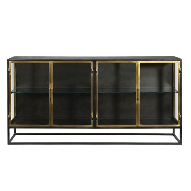 Brynlee Stylish Gunmetal and Antique Brass Sideboard with Glass Display and Built-in Shelf Storage