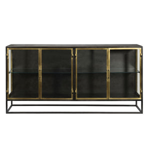 Brynlee Stylish Gunmetal and Antique Brass Sideboard with Glass Display and Built-in Shelf Storage