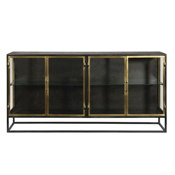 Brynlee Stylish Gunmetal and Antique Brass Sideboard with Glass Display and Built-in Shelf Storage
