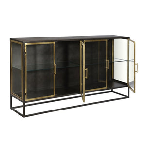 Brynlee Stylish Gunmetal and Antique Brass Sideboard with Glass Display and Built-in Shelf Storage