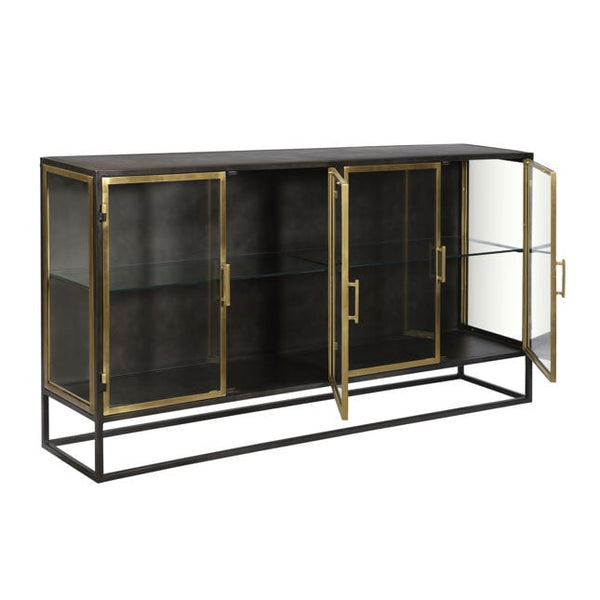 Brynlee Stylish Gunmetal and Antique Brass Sideboard with Glass Display and Built-in Shelf Storage