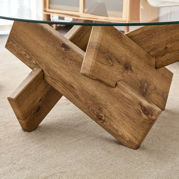 English Elm Circular glass coffee table 33.4" Modern round tempered glass top with wood MDF legs, 130 lb capacity, easy assembly W1151P143350