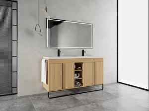 English Elm 60" Freestanding Bathroom Vanity with Dual Resin Sink, 4 Soft-Close Doors, 3 Open Shelves & Towel Hanger, Plywood Storage Boxes, Modern Durable Hardware W999S00480