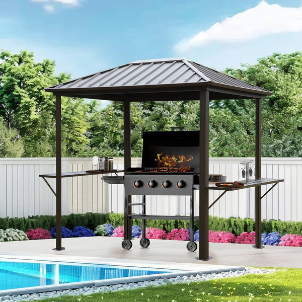 English Elm Grill 6x8 FT Hardtop Gazebo - Durable Galvanized Steel & Aluminum BBQ Pavilion with Shelves, Patio W419P276718