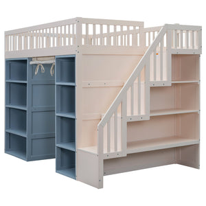 English Elm Full Size Loft Bed With Stylish Storage Cabinets, Privacy Curtain & Multi-Functional Design - White/Blue GX003006AAK