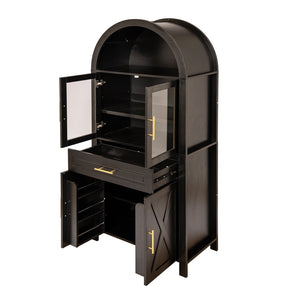 English Elm 71" Tall Arched Pantry Cabinet with Tempered Glass Door, Adjustable Shelves, Anti-Tip Kit & Metal Handles Black W2917P384730