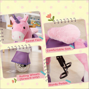 English Elm Soft Plush Unicorn Ride on Toy Pedal Powered Rolling Animal for Kids Bedroom T3971P442215