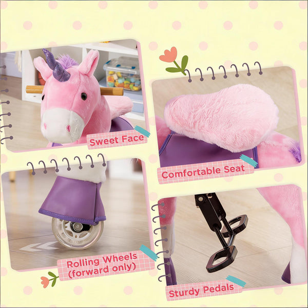 English Elm Soft Plush Unicorn Ride on Toy Pedal Powered Rolling Animal for Kids Bedroom T3971P442215