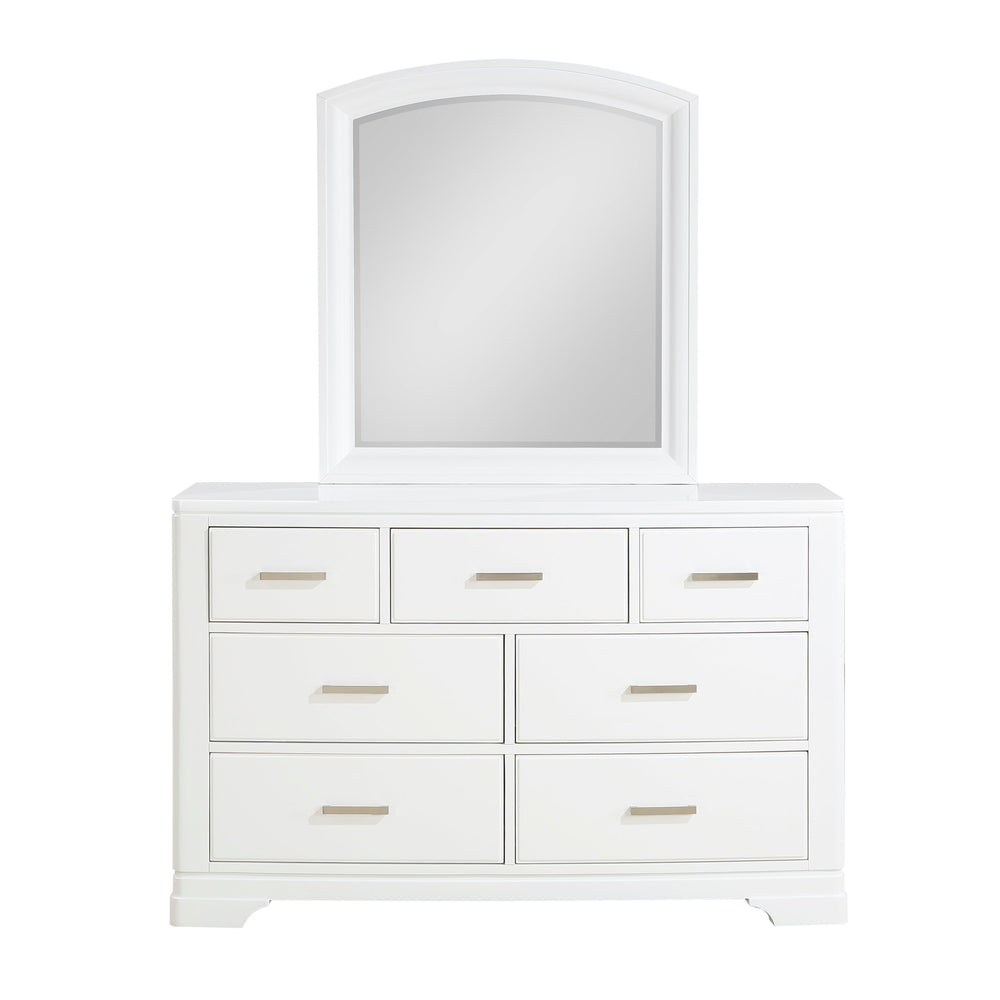 English Elm Modern Birch Veneer Dresser with Curved Mirror Seven Drawers Chrome Pulls Bedroom White B011S02345