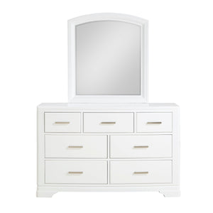 English Elm Modern Birch Veneer Dresser with Curved Mirror Seven Drawers Chrome Pulls Bedroom White B011S02345