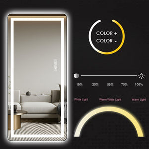 English Elm 64 64 inch x 21 inch LED Full-Length Mirror with Adjustable Stand & Wall Mount, 3-Temp Dimmable Black W2709P305306