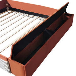 English Elm King Velvet Kids Platform Bed with Padded Guardrails Staircase and Storage Ottoman Brown+White SF000204AAD