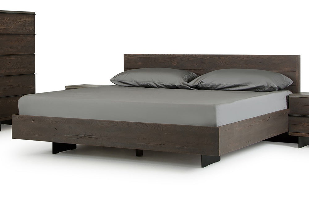 VIG Furniture Selma Solid Aged Oak Queen Bed With Low-Profile Sunken Frame, Black Steel Legs, No Box Spring Needed VGEDSELMA-BED-Q