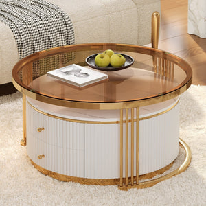 English Elm Modern Round Nesting Coffee Table Set with Gold Pedestal Legs and Storage Drawers Brown,White N735P349323D