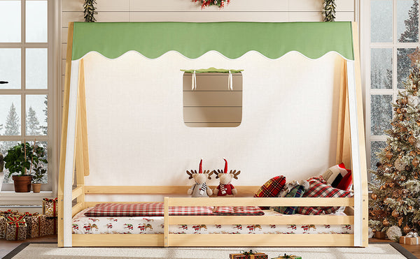 English Elm Twin Montessori Floor Bed Solid Pine Teepee Frame with Guardrails and Canopy Light W1580P369466