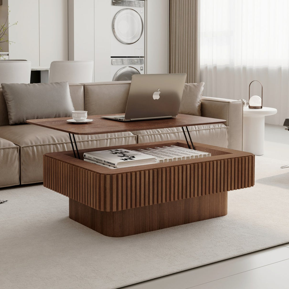 English Elm 38.6'' Fluted Walnut Lift-top Coffee Table with Hidden Storage for Modern Living W1435P380337