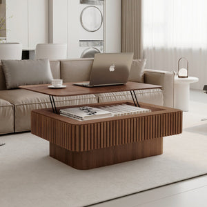English Elm 38.6'' Fluted Walnut Lift-top Coffee Table with Hidden Storage for Modern Living W1435P380337