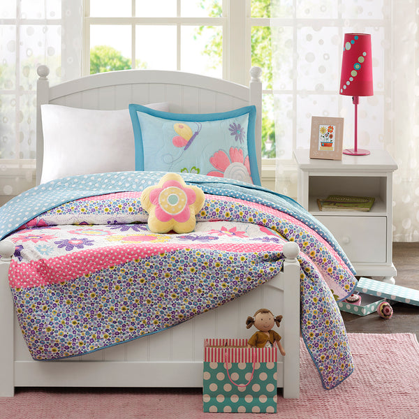 JLA Home Mi Zone Kids - Reversible Floral & Polka Dot Quilt Set with Decorative Flower Pillow, Soft Pre-Washed, Antimicrobial Protection for Kids' Bright Bedroom Decor 86 L x 68 W x 0.25H MZK80-042