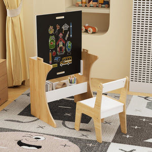 English Elm Kids Multifunctional Table Set with Chair, Convertible MDF Top for Study Drawing Play, White Natural Finish W808P293817