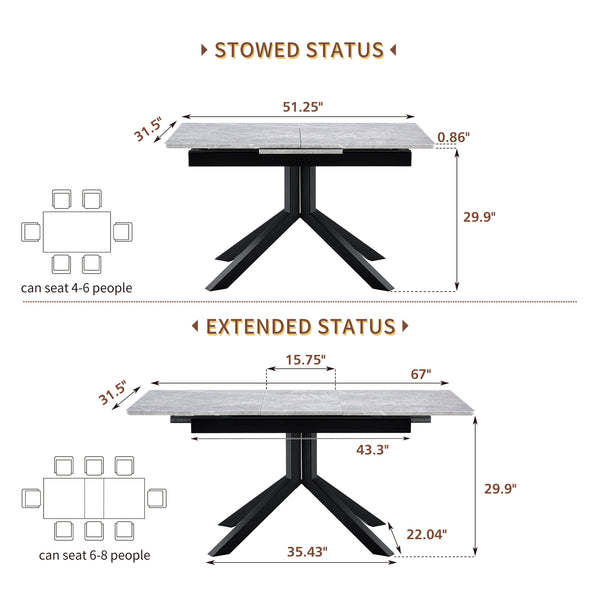 English Elm Modern Extendable Rectangular Dining Table with Scratch‑Resistant MDF Top and Matte Geometric Legs, Space‑Saving Centerpiece for Home or Office W3493S00008
