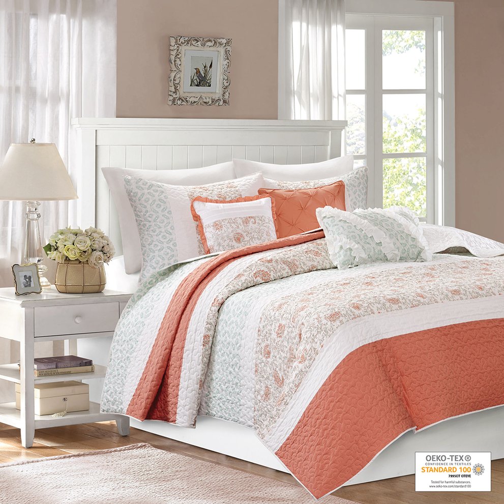 JLA Home Madison Park - 6 Cotton Percale Quilt Set with Lace Taping, Reversible Paisley Design, OEKO‑TEX, Breathable Comfort Coral MP13-2800