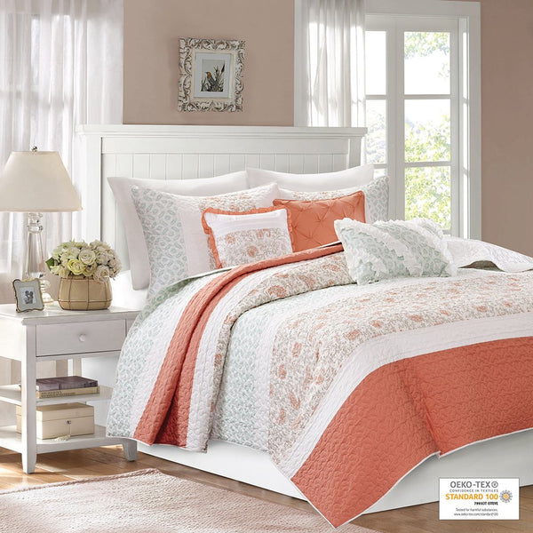 JLA Home Madison Park - 6 Cotton Percale Quilt Set with Lace Taping, Reversible Paisley Design, OEKO‑TEX, Breathable Comfort Coral MP13-2800