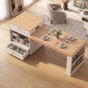 English Elm 78.8'' Fluted Rolling Kitchen Island with Extendable Dining Surface Built-in Power Mdf White B2764S00001