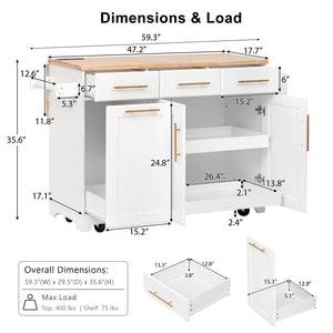 English Elm K&k Rolling Kitchen Island Rubber Wood Top Brass Hardware Built-in Outlets Storage White N707S299014W