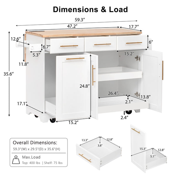English Elm K&k Rolling Kitchen Island Rubber Wood Top Brass Hardware Built-in Outlets Storage White N707S299014W