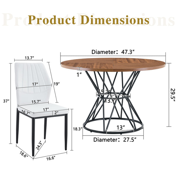 English Elm Table and Chair Set Walnut Round Dining with Six White Pu Seats Modern Industrial W1151S04858