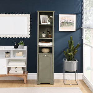 English Elm 64" Tall Bathroom Storage Cabinet Narrow 4-Shelf Floor Organizer with Laundry Hamper, Grey, Space-Saving Tall Unit W1801P195738