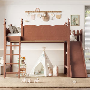 English Elm Twin Loft Bed Solid Pine Frame with Wardrobe Shelving Detachable Slide Kids Room Antique Natural W5305S00025