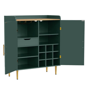 English Elm Modern Fluted Bar Cabinet with Wine Rack Glass Holders Adjustable Shelving and Hidden Drawer Green N728P438606G