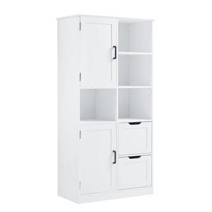 English Elm Bathroom Tall Storage Cabinet with Doors, 2 Drawers, Adjustable Shelf, Anti-Tip, MDF White, Sleek Handles WF530559AAK